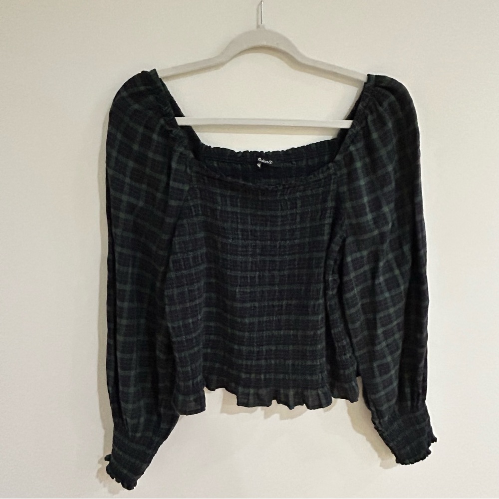 Madewell Green/Navy Puff Sleeve Smocked Blouse